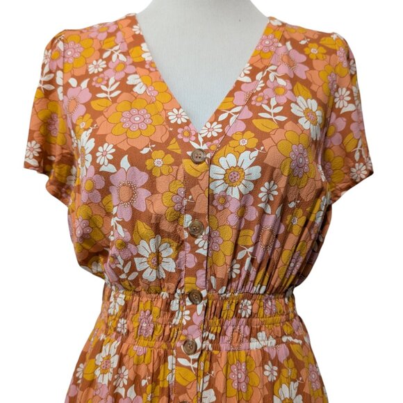 Marine Layer Womens Size M Orange Brown Annika Floral S/S Button Up Midi Dress - Picture 5 of 11
